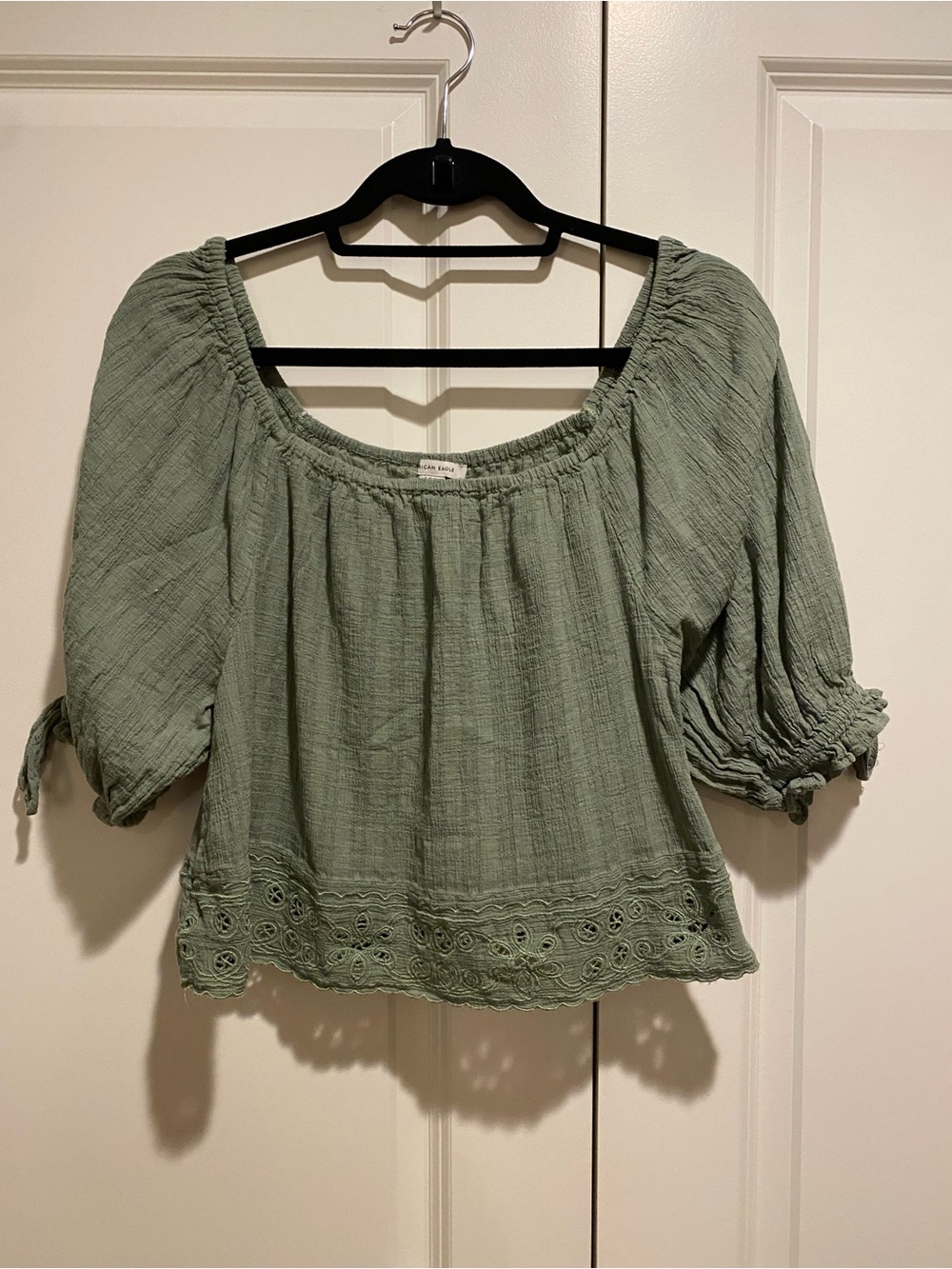 American Eagle Outfitters Sage Green Peasant Blouse with Eyelet Hem